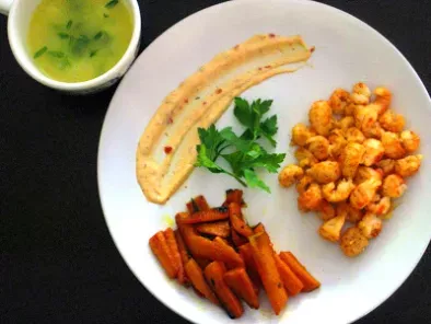 Langostinos With A Tarragon Lemon Butter Dip, Spicy Mayo, and Sautéed Carrots