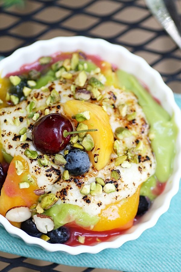 Lebanese fruit cocktail with fragrant avocado and mango purées and