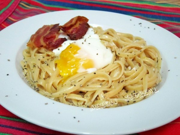 Linguine in Cream Sauce with Poached Eggs and Bacon