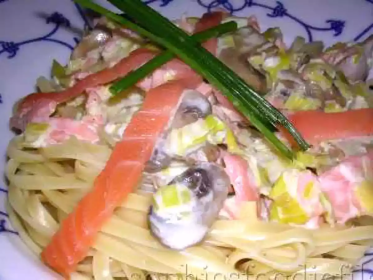 Linguine with smoked salmon, leeks, mushrooms & cream