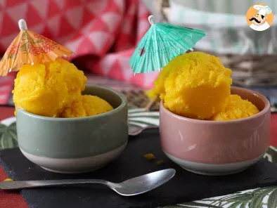 Mango and lime sorbet with only 3 ingredients and ready to eat in 5 minutes!
