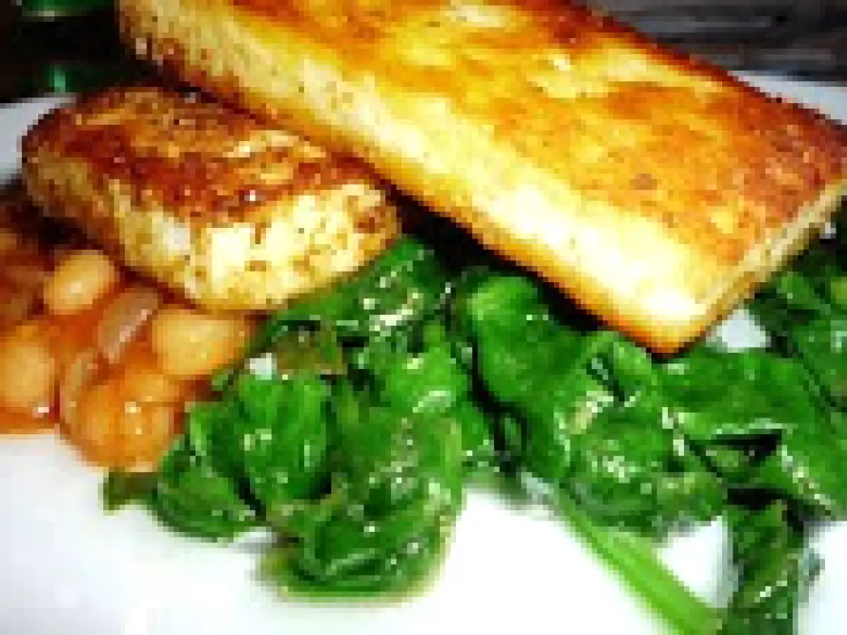 Marinated Tofu-paneer (Indian Cottage Cheese) on a bed of wilted spinach and baked beans - photo 2