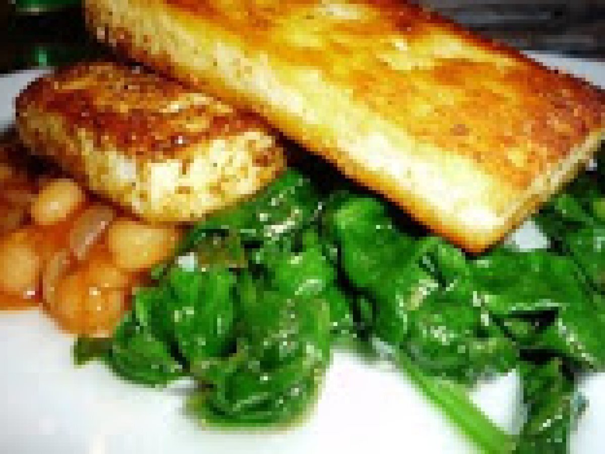 Marinated Tofu-paneer(Indian Cottage Cheese) on a bed of wilted spinach and baked beans - photo 2