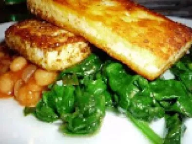Marinated Tofu-paneer(Indian Cottage Cheese) on a bed of wilted spinach and baked beans - photo 2