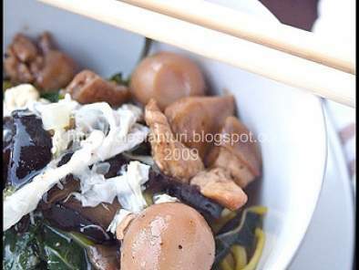 Mie Kangkung (Water Spinach, Chicken and Mushroom Topped Noodle) - photo 2