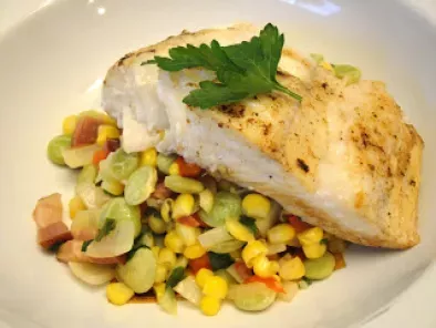 Pan Fried Halibut with Succotash and Bacon
