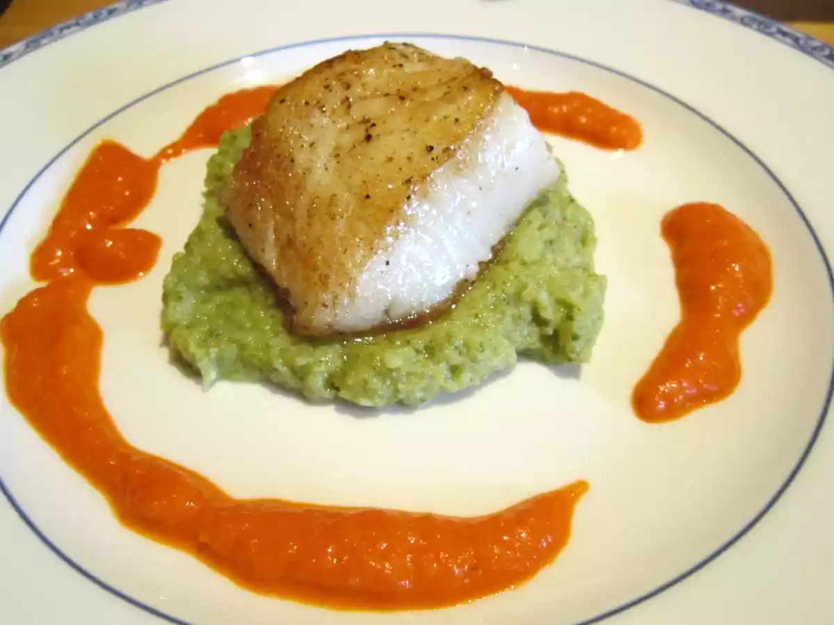 Pan-Fried Sea Bass with Roasted Red Pepper Sauce and Broccoli Puree (visit site!)
