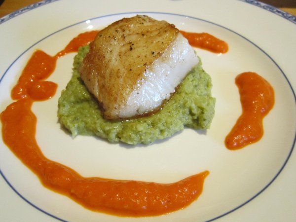 Pan-Fried Sea Bass with Roasted Red Pepper Sauce and Broccoli Puree (visit site!)