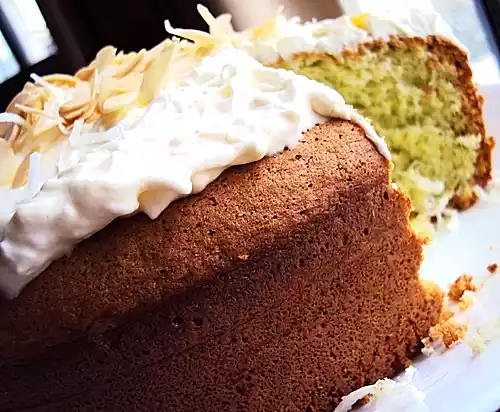 Pandan sponge cake recipe with shredded coconut frosting
