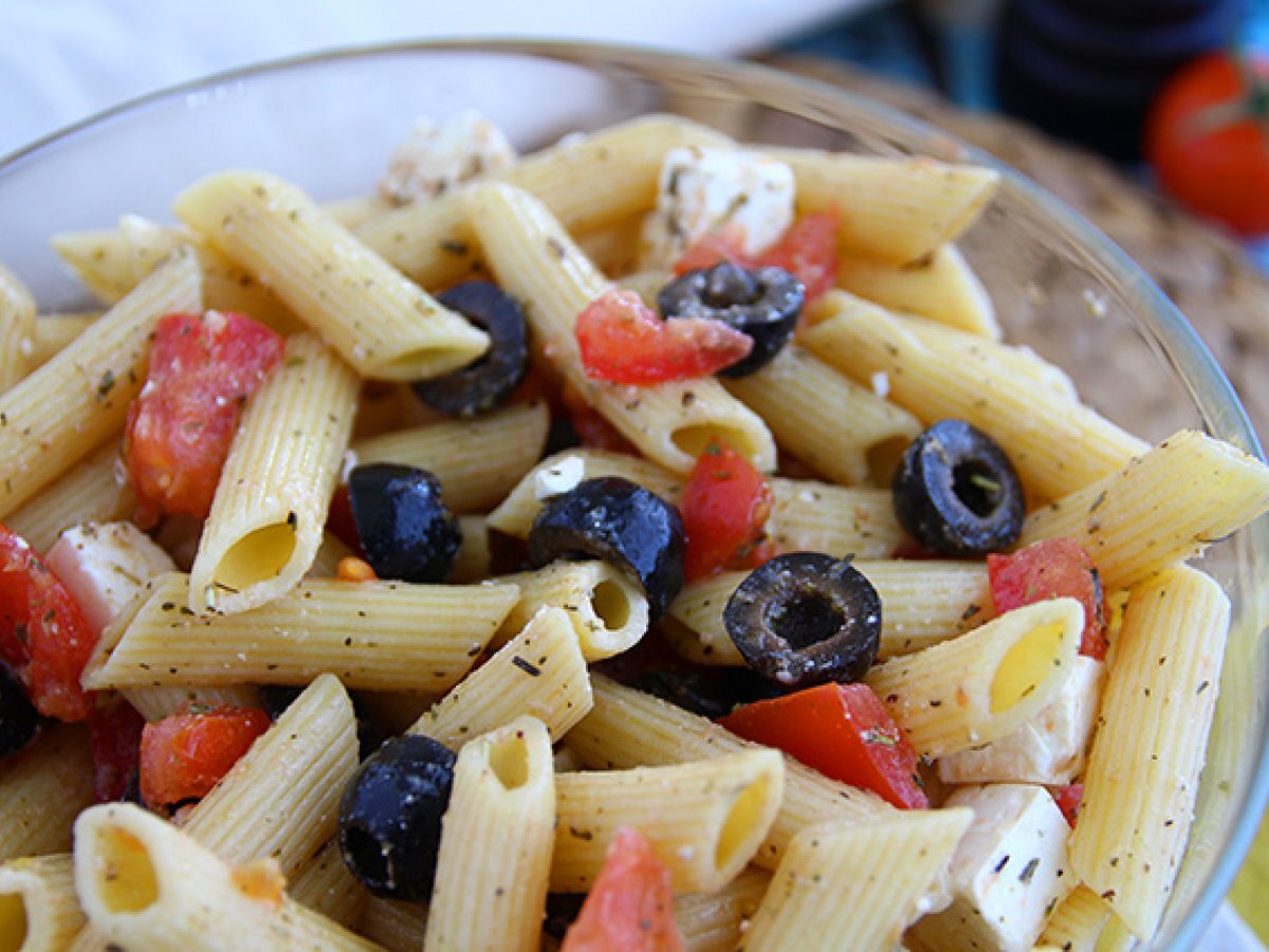 Pasta salad, with tomato, feta cheese and olives - photo 2