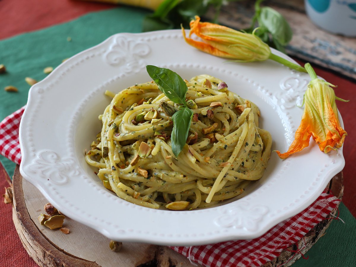 Pasta with squash blossoms, ricotta cheese and pistachios