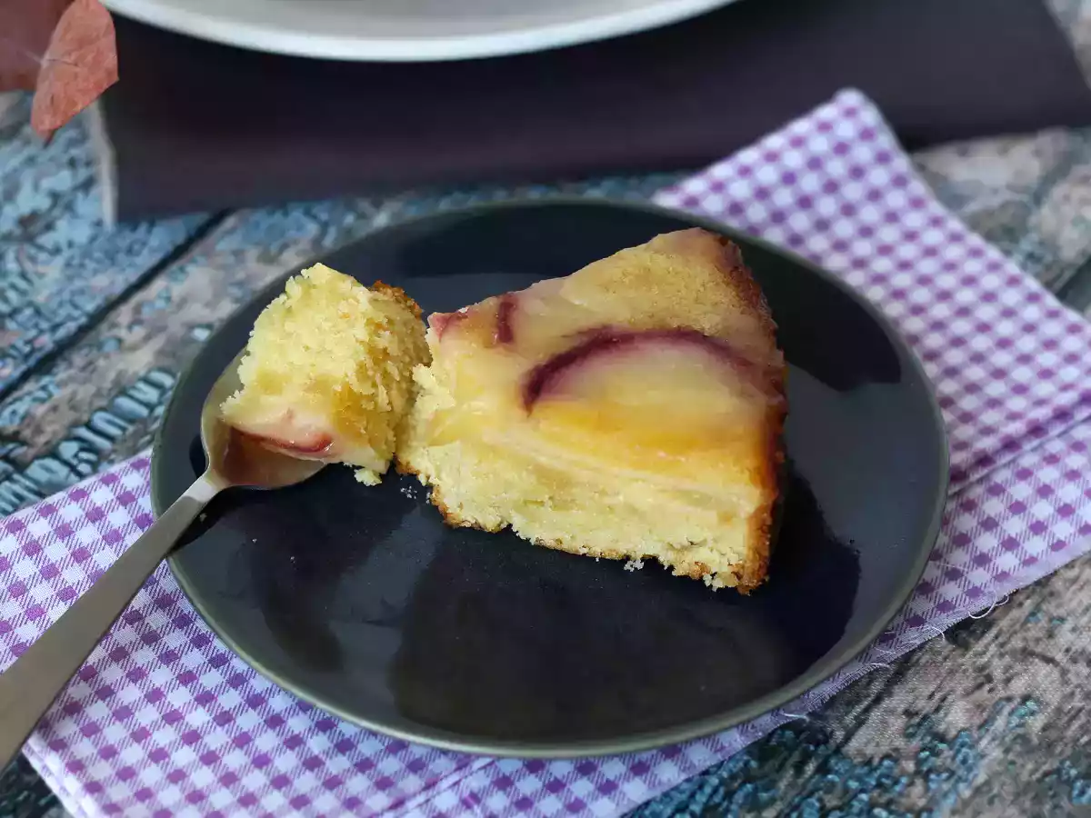 Peach upside-down cake, soft, melting and caramelized - photo 6
