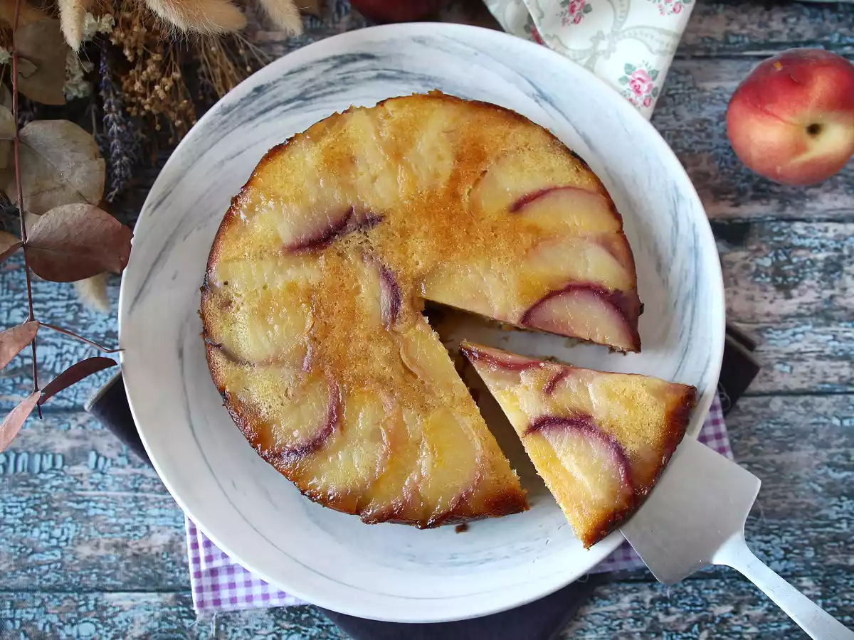 Peach upside-down cake, soft, melting and caramelized - photo 8