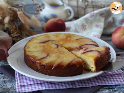 Peach upside-down cake, soft, melting and caramelized