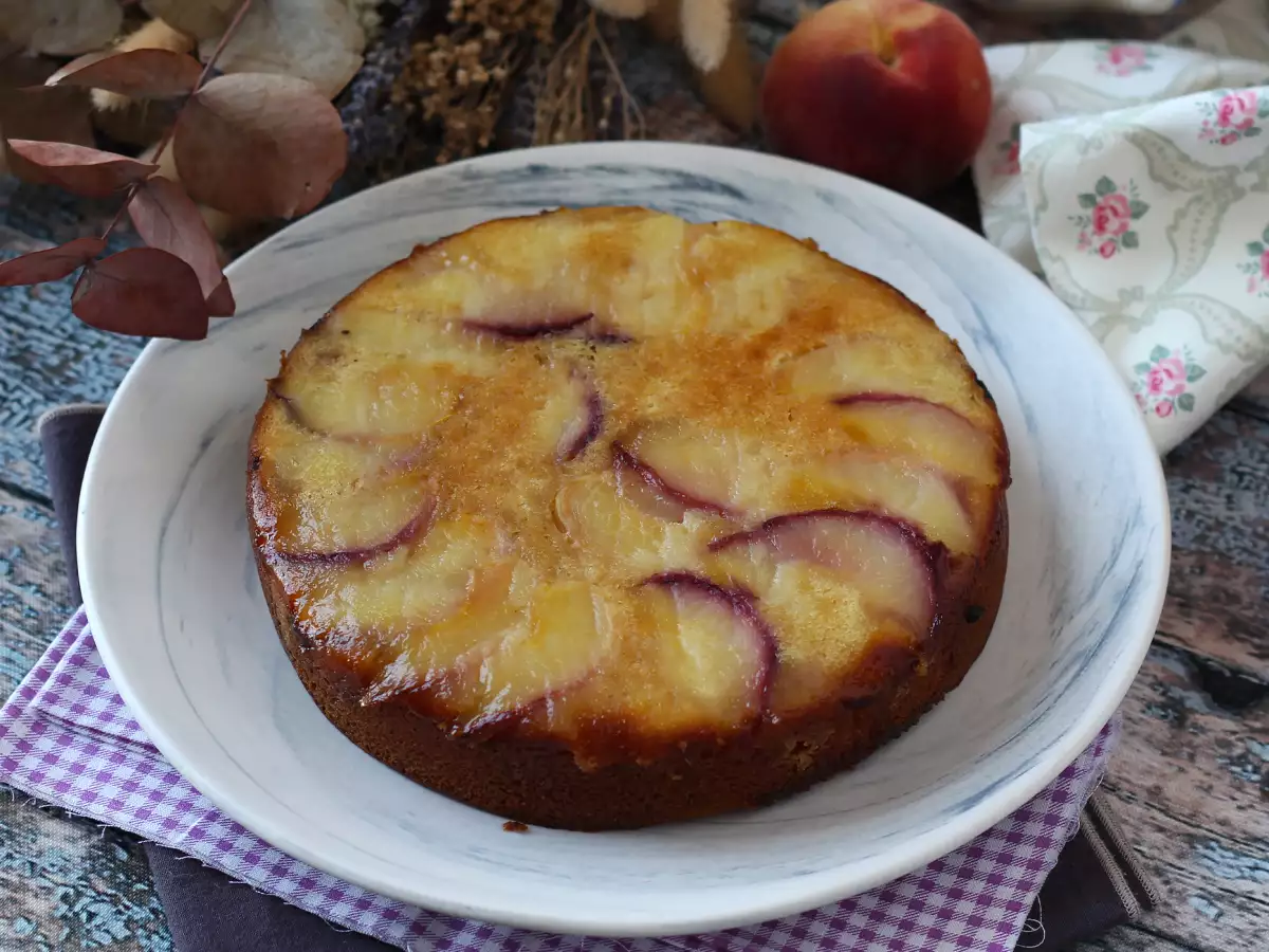 Peach upside-down cake with a moist, gooey texture and caramelized topping - photo 5