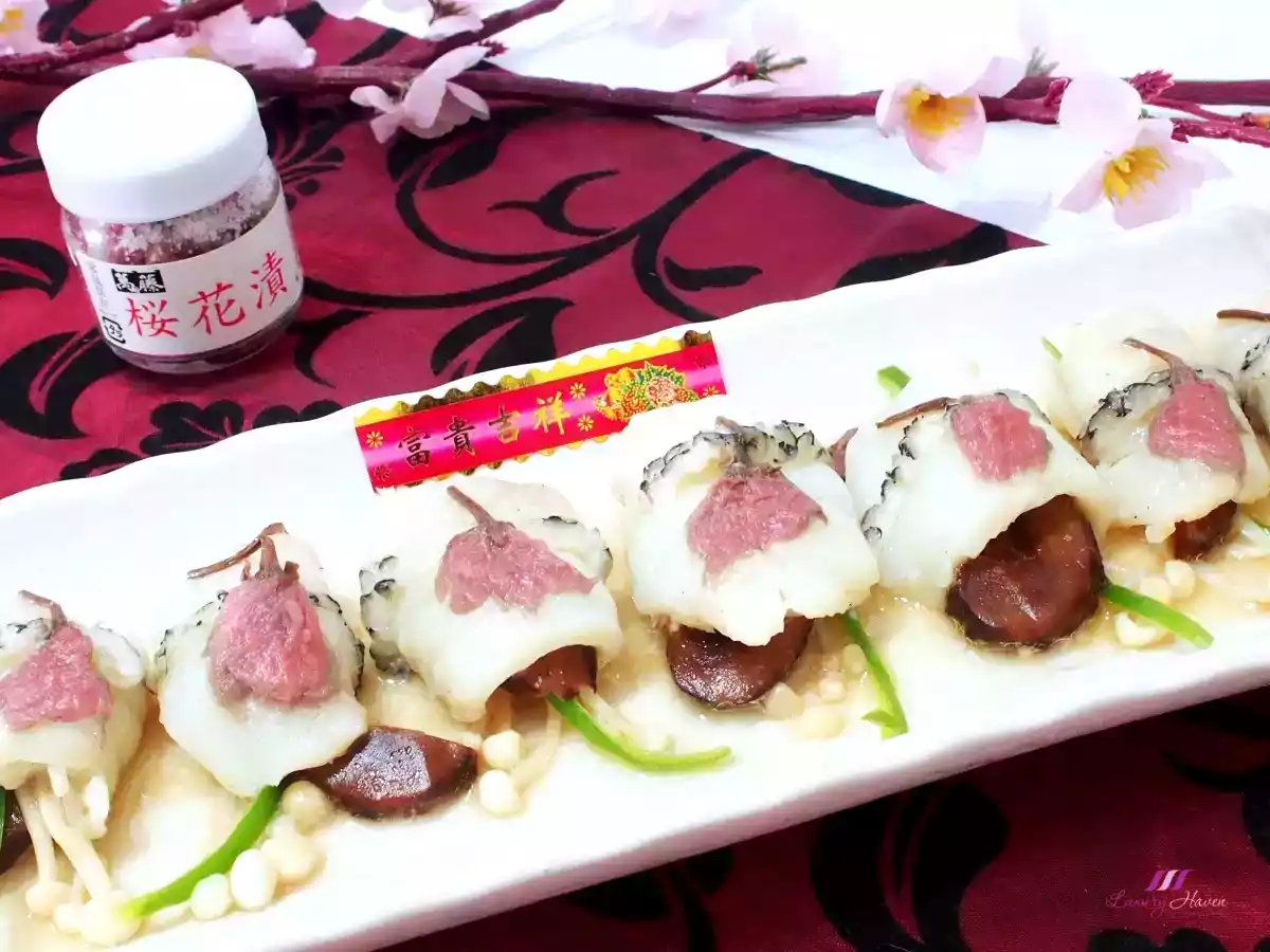 Pickled Sakura Flowers Steamed Fish Rolls