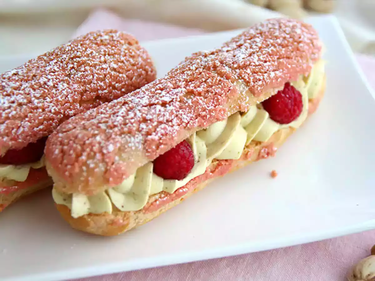 Pistachio and raspberry eclairs