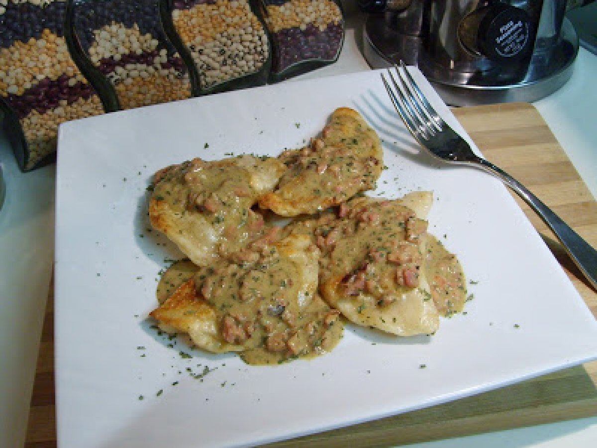 Potato, Cheese and Caramelized Onion Perogies with Ham and Mustard Brown Butter Sauce