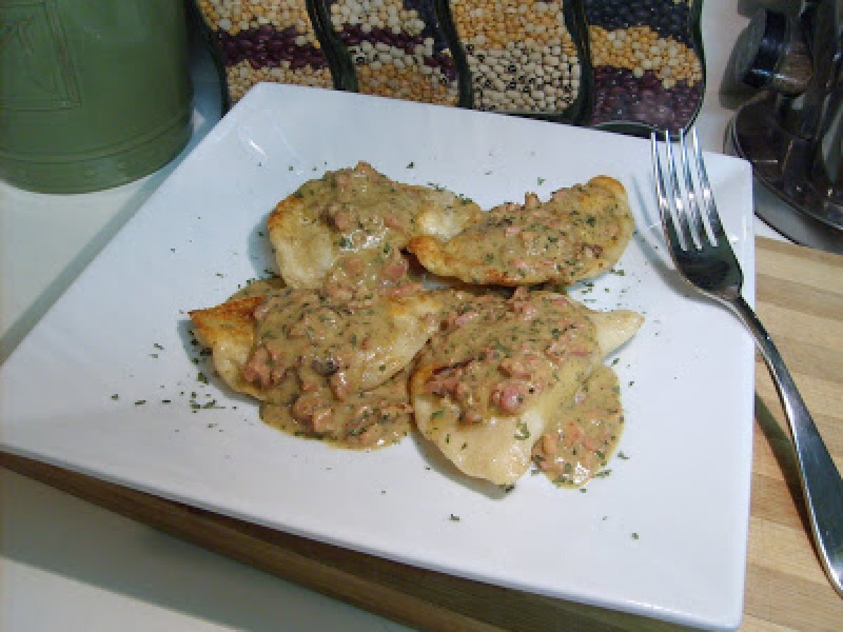 Potato, Cheese and Caramelized Onion Perogies with Ham and Mustard Brown Butter Sauce - photo 2