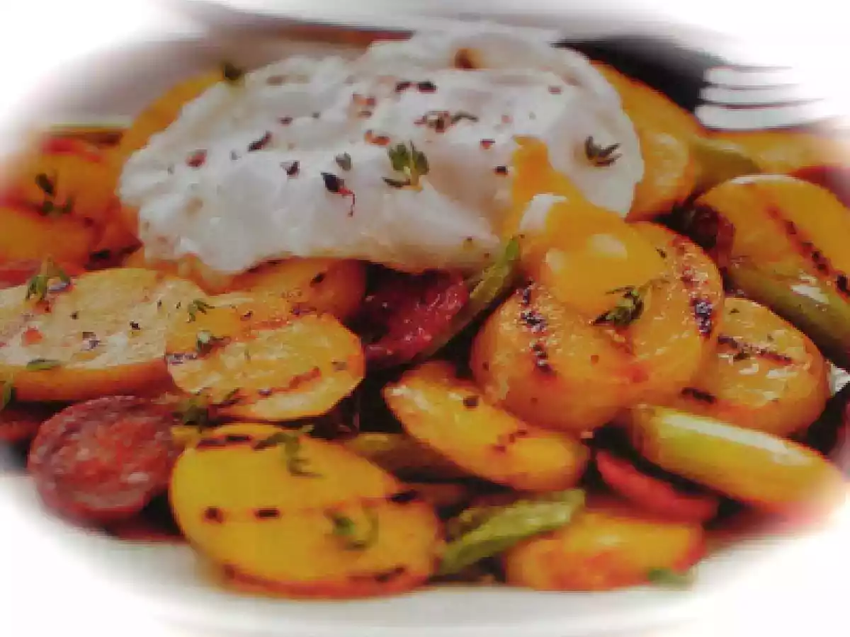 Potato Pan Fry With Crispy Chorizo & Warn Chicken Salad