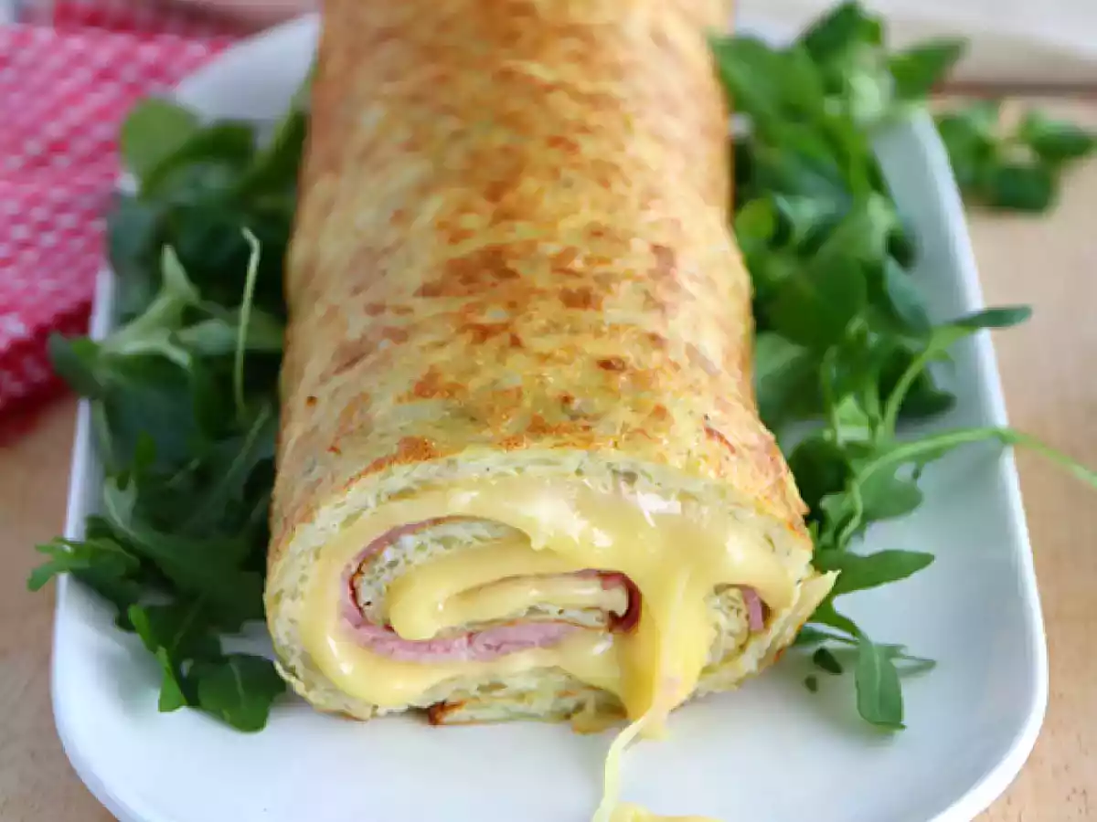 Potato roll with savoy raclette and ham