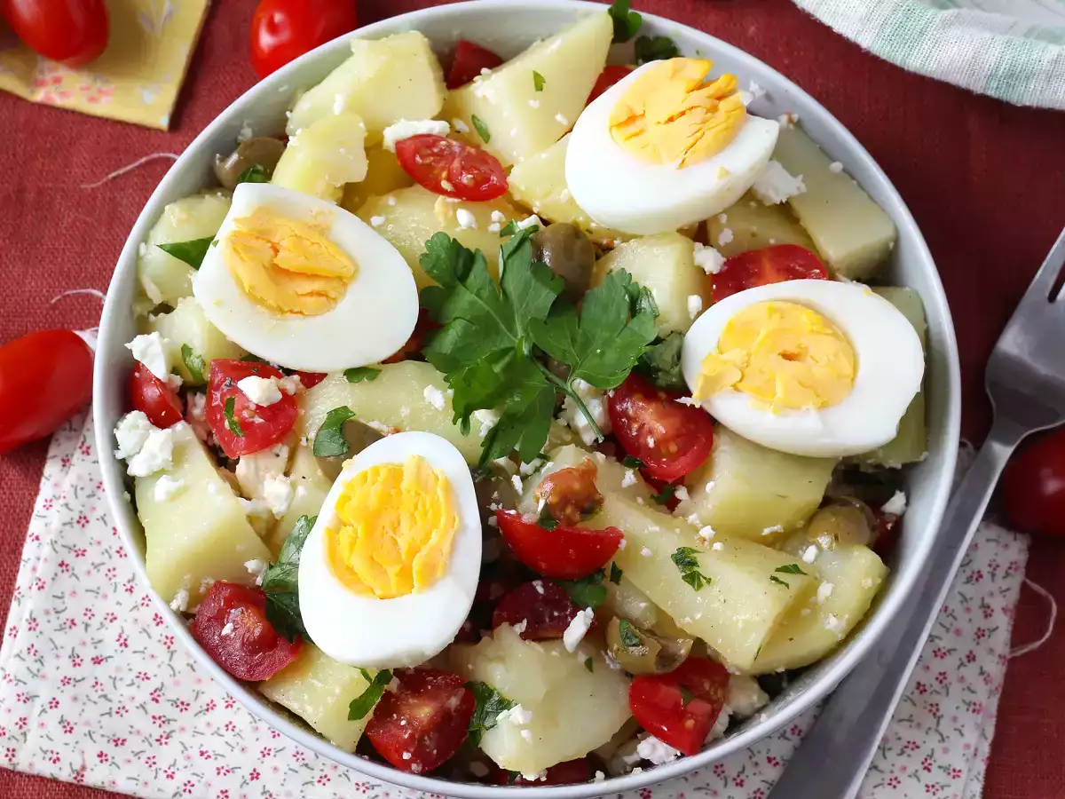 Potato salad with feta cheese, egg, and cherry tomatoes - photo 2
