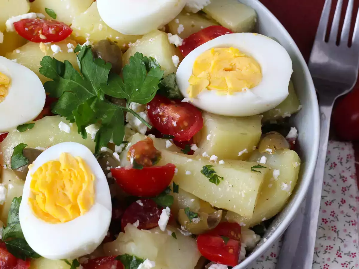 Potato salad with feta cheese, egg, and cherry tomatoes - photo 3