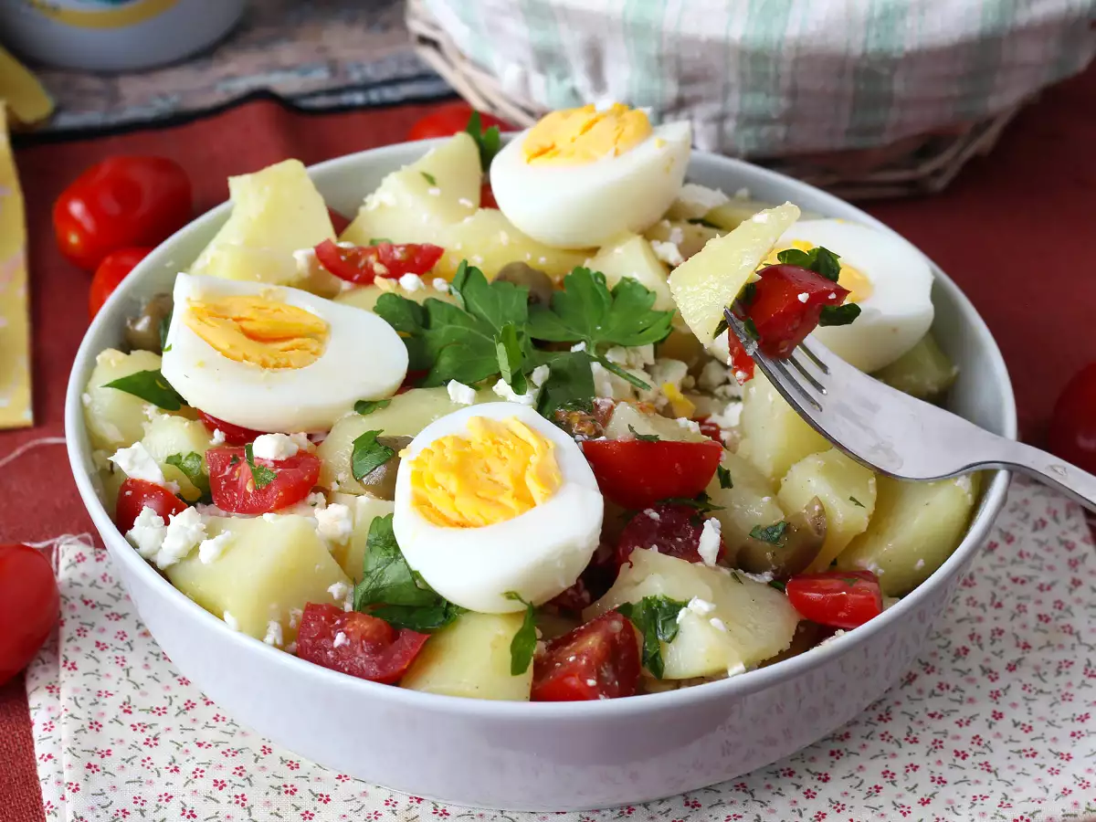Potato salad with feta cheese, egg, and cherry tomatoes - photo 4