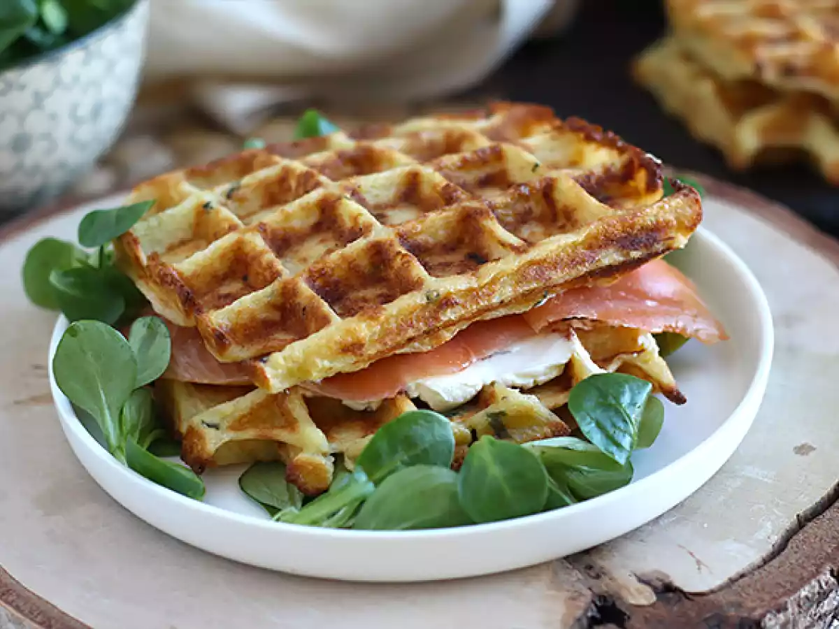 Potato waffles - waffle sandwich with smoked salmon and cream cheese