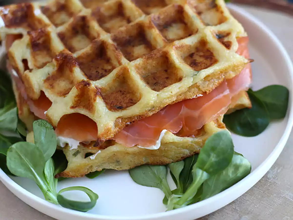 Potato waffles - waffle sandwich with smoked salmon and cream cheese - photo 3
