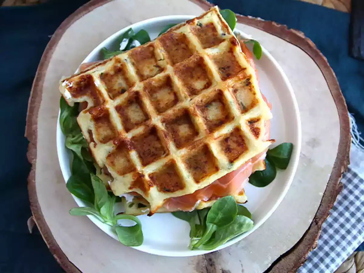 Potato waffles - waffle sandwich with smoked salmon and cream cheese - photo 5