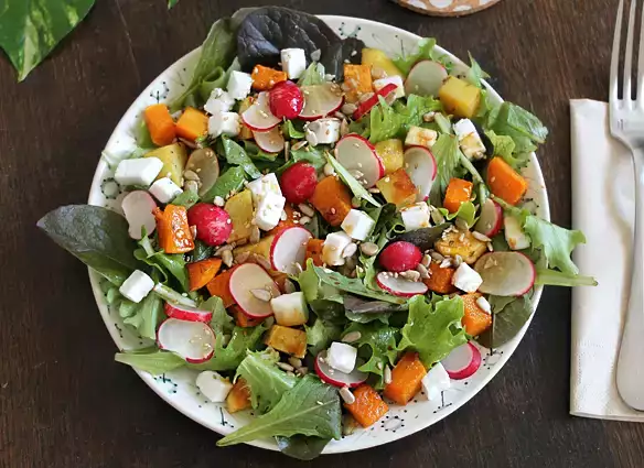 Pumpkin, potato, radish, and feta salad