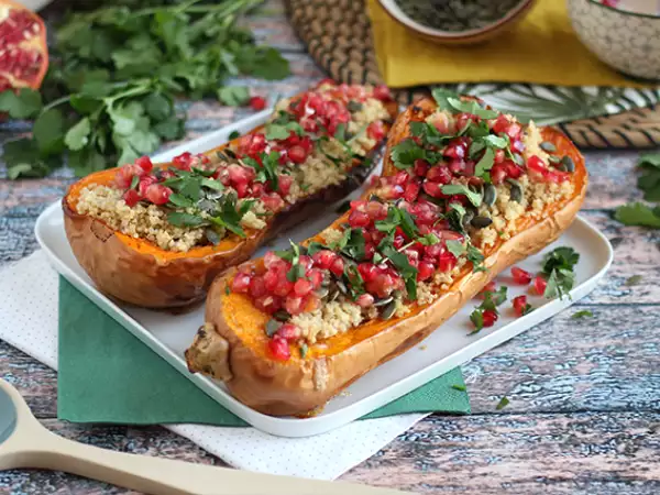 Recipe Quinoa- and pomegranate-stuffed butternut squash