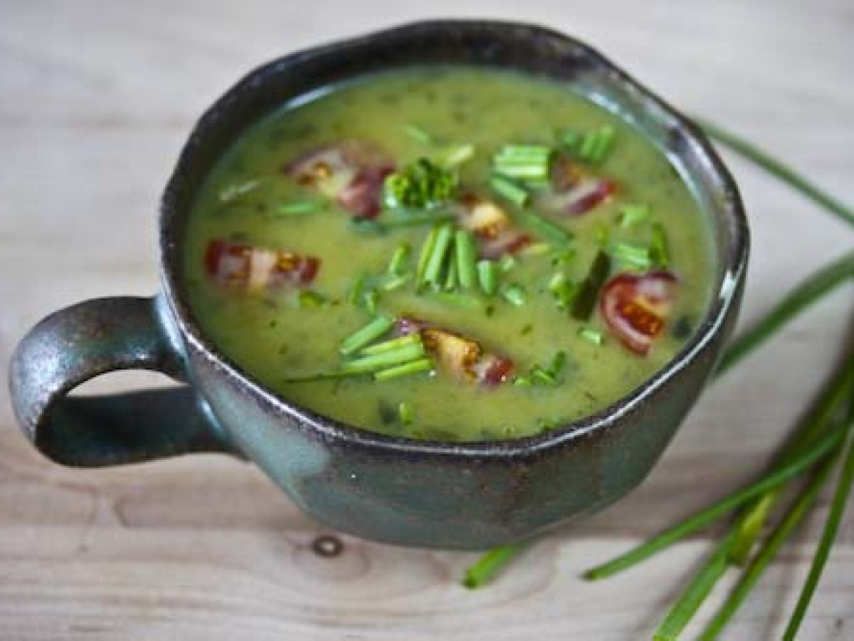 Ramp and Potato Soup with Saffron, Chives and Tomatoes