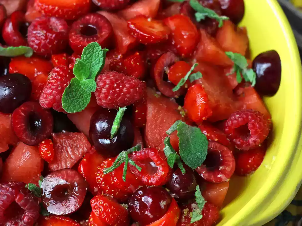 Red fruit salad: strawberry, raspberry, cherry and watermelon, perfect for summer!