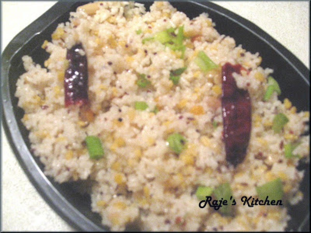 Rice Rava Upma with chana daal and scallion garnish