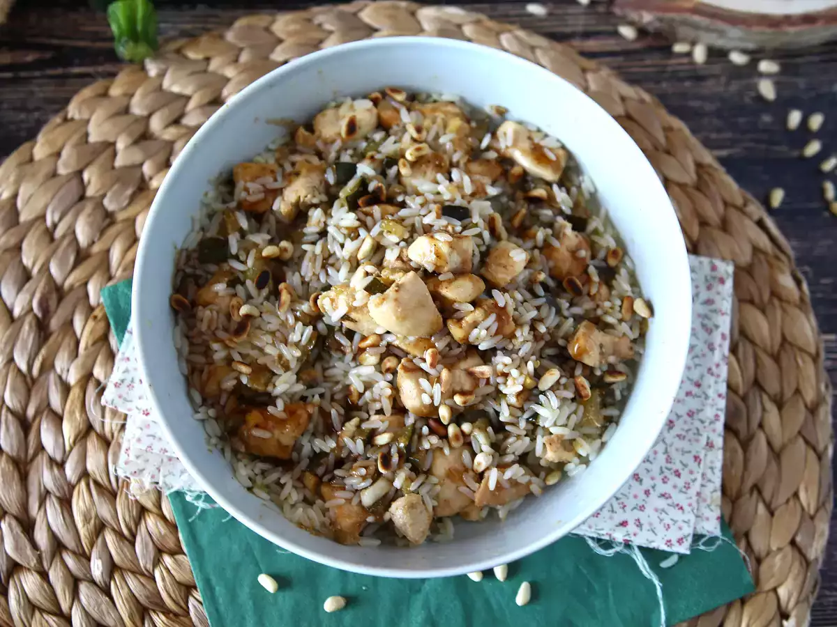 Rice salad with chicken, zucchini, pine nuts, and balsamic glaze - photo 3