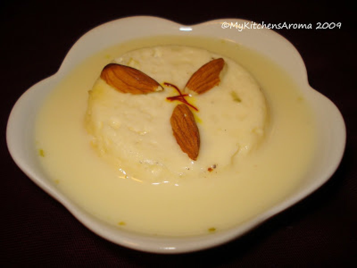 ' Ricotta Cheese 'Rasmalai' with Saffron/ Sweet Ricotta cheese dumplings in sweetened milk