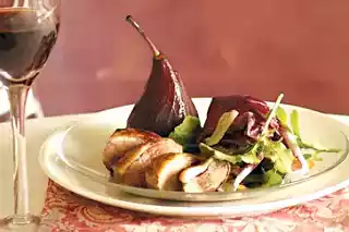 Roast duck recipe with red wine poached pears