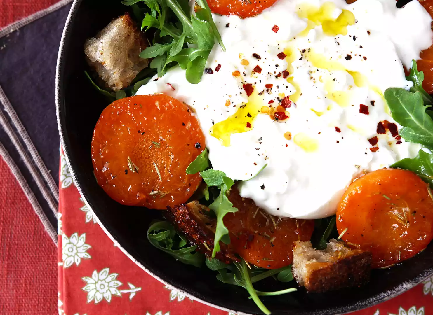 Roasted apricot, arugula and burrata salad