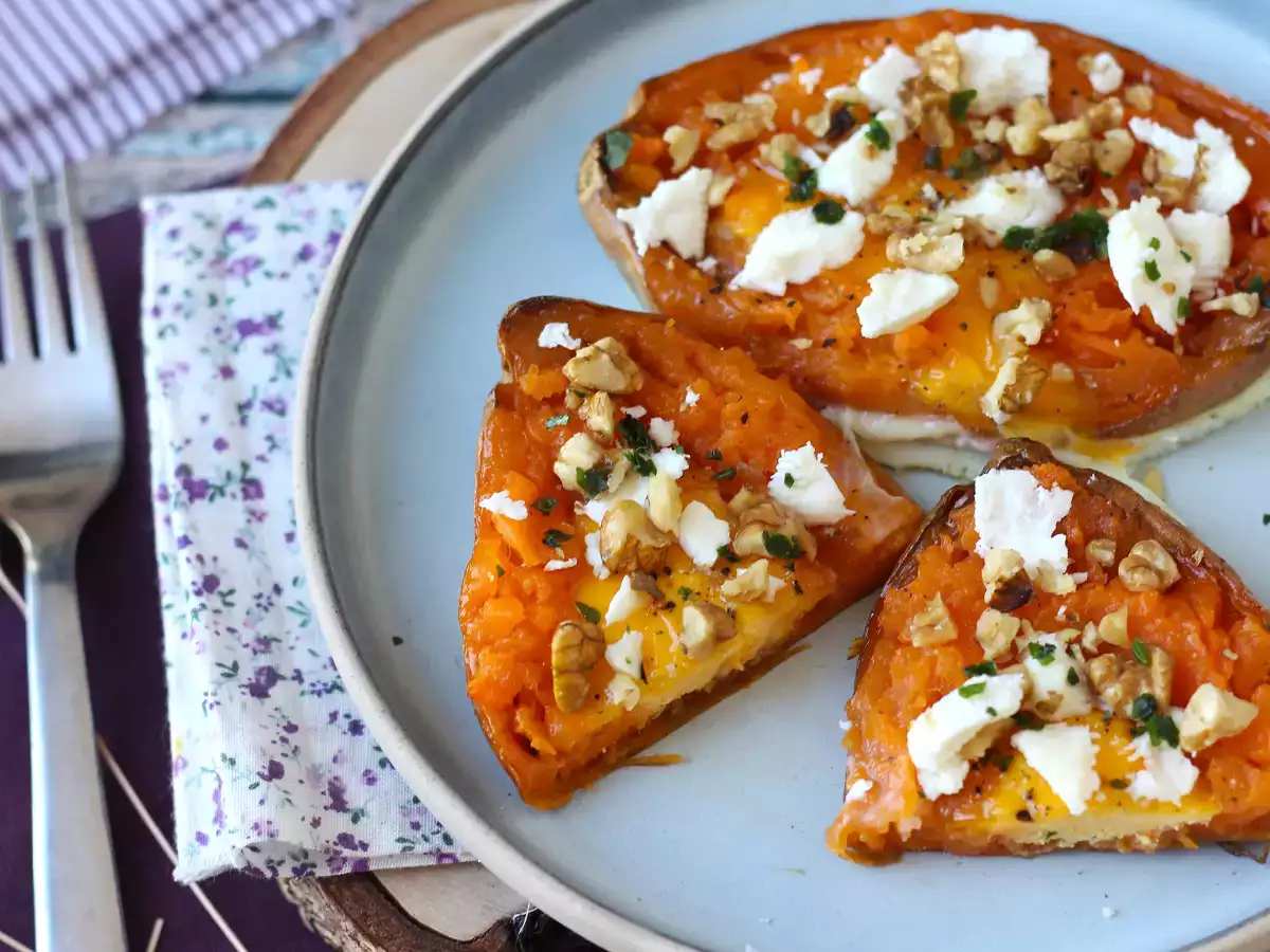 Roasted sweet potato with egg, feta, honey, and walnuts - photo 2