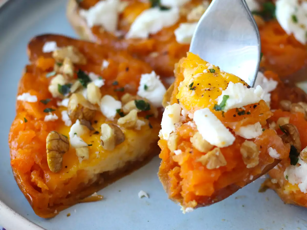 Roasted sweet potato with egg, feta, honey, and walnuts - photo 3