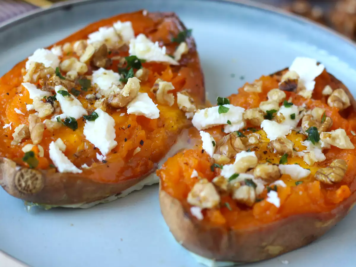 Roasted sweet potato with egg, feta, honey, and walnuts - photo 4