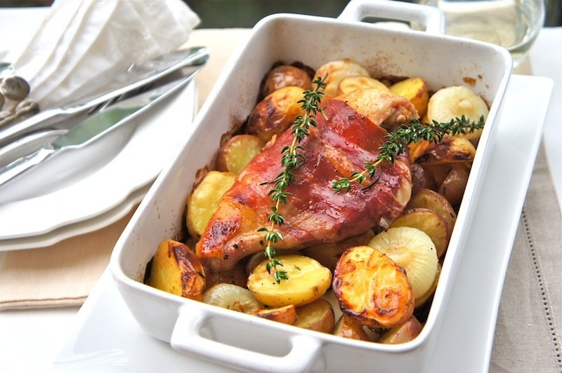 Roasted white wine chicken with prosciutto, potatoes, and onions Recipe Petitchef