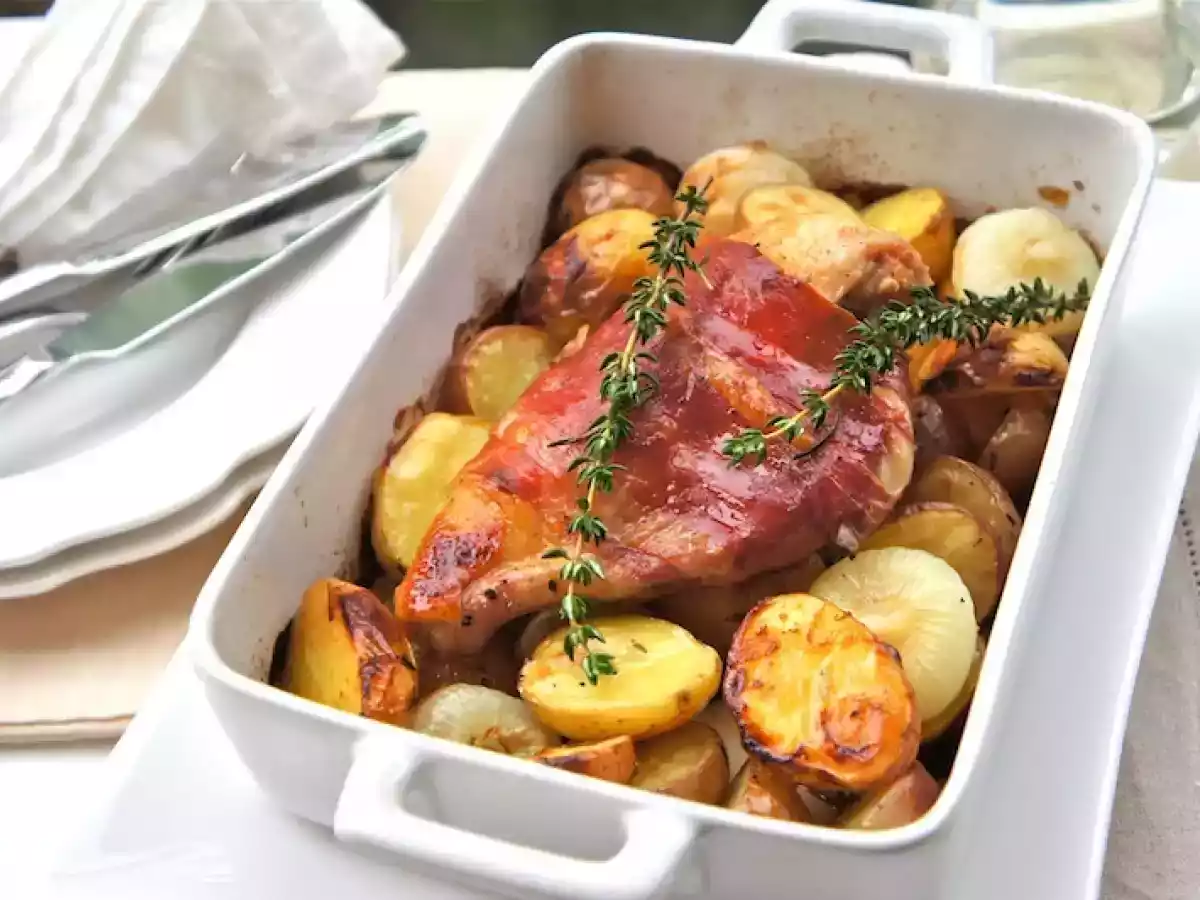 Roasted White Wine Chicken with Prosciutto, Potatoes, and Onions