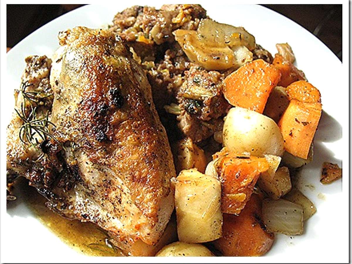 Rosemary sage roasted chicken breast with root veg. and stuffing