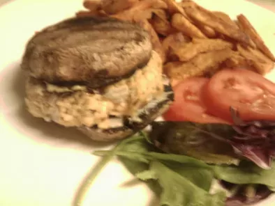 Rosemary Salmon Burgers with Portobello Mushroom caps...And Sweet Potato Fries ! Yum