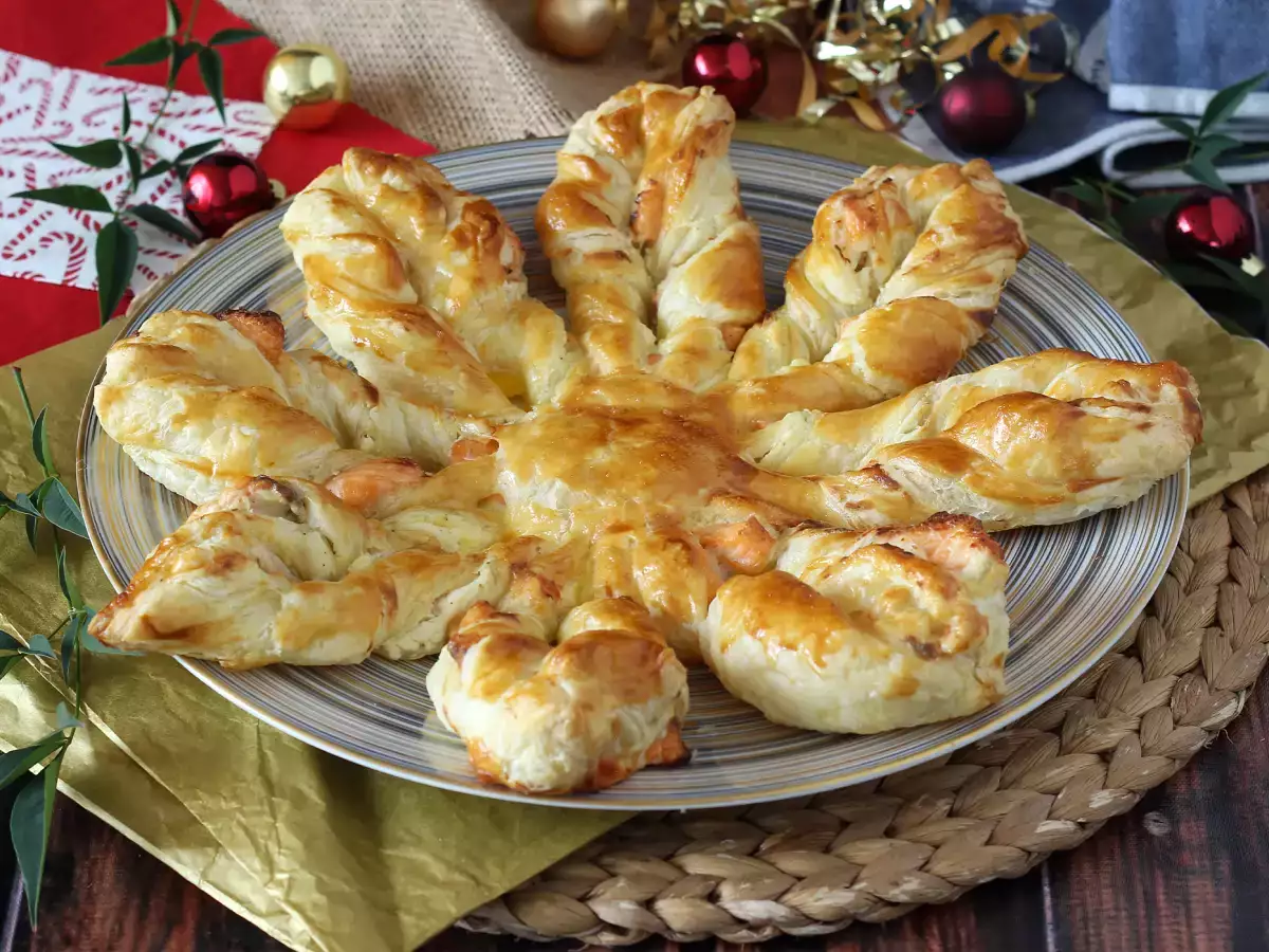 Salmon and Cream Cheese Puff Pastry Snowflake, Perfect for Sharing as an Appetizer - photo 3