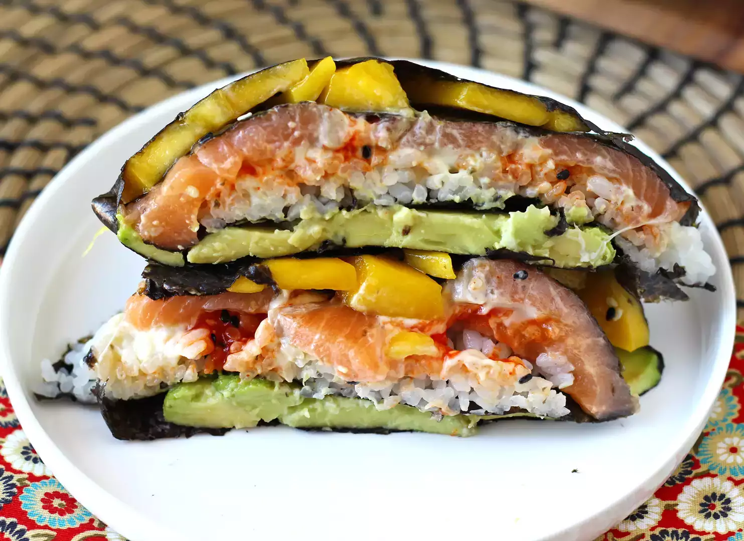 Salmon, avocado and mango sushi sandwich