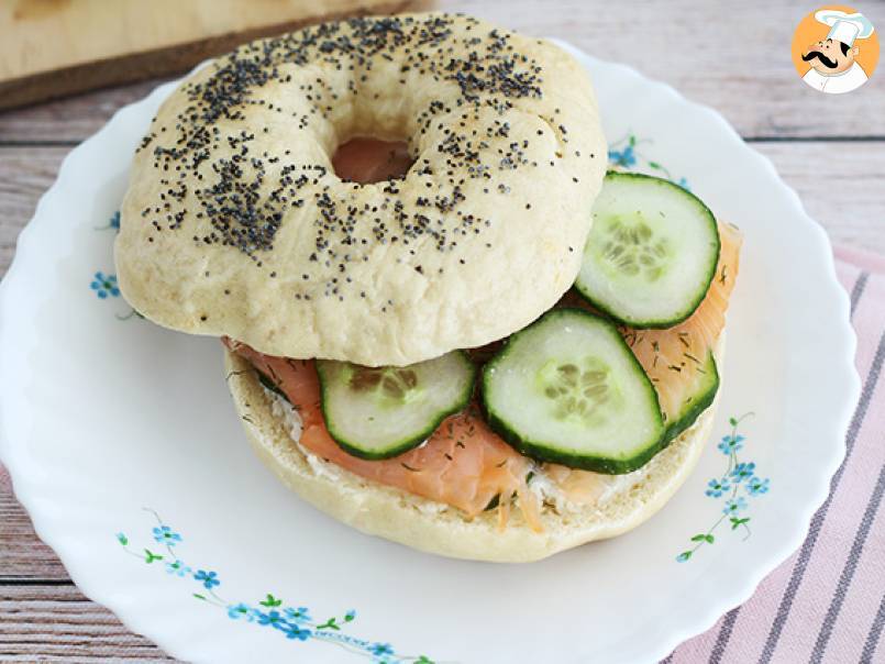 Salmon, cucumber, and cream cheese bagel